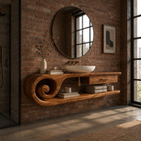 Floating vanity cabinet with a carved scroll end and a small drawer in an industrial loft bathroom with exposed brick