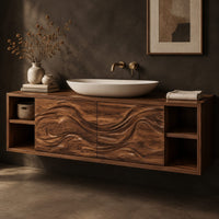Corner detail of floating bathroom vanity with carved wave doors and open end shelves beside wood, brass and linen samples