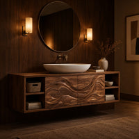 Floating bathroom vanity with carved wave doors and open end shelves in an evening bathroom with walnut wall paneling