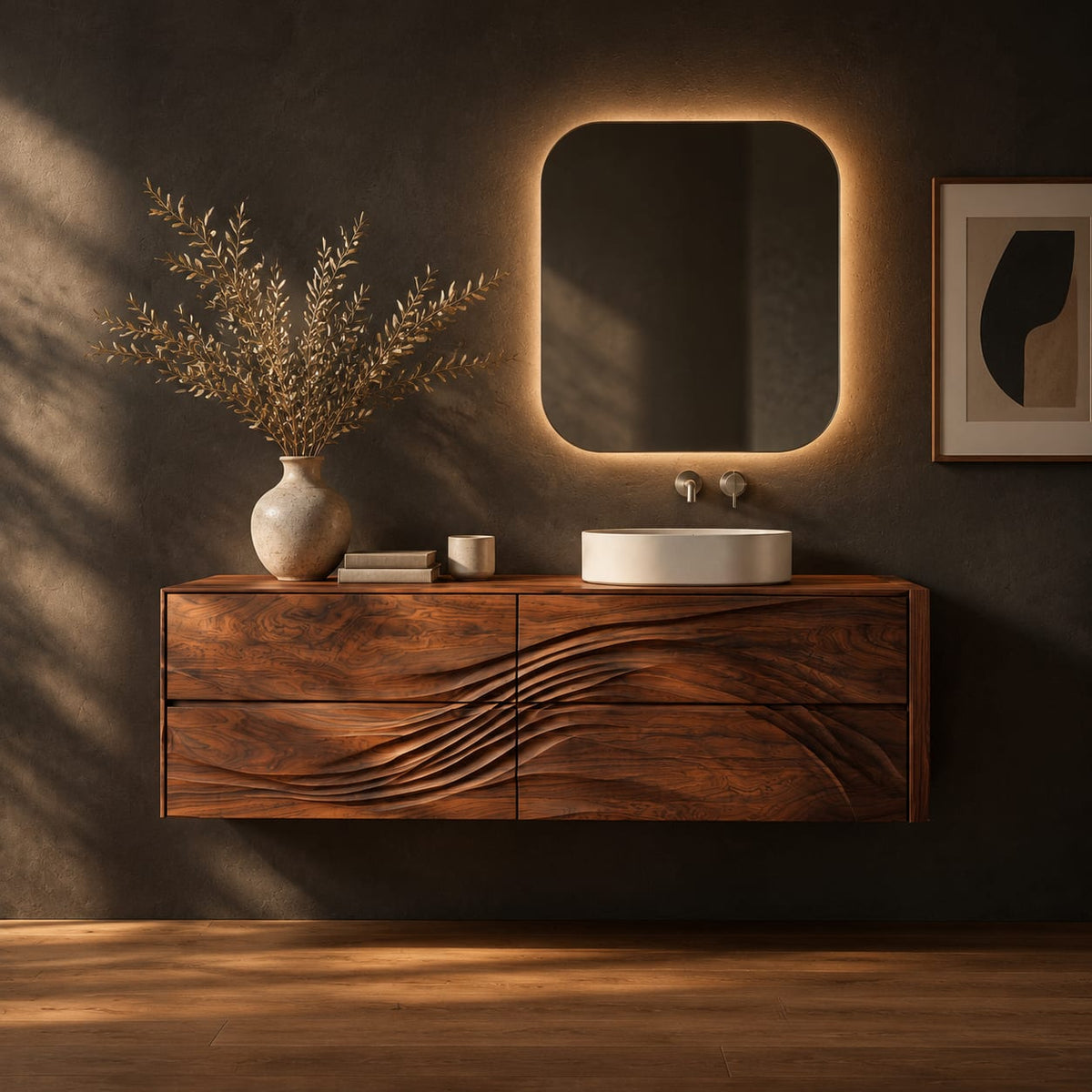 Floating bathroom vanity with wave carved drawer fronts in a dark studio against a charcoal plaster wall