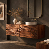 Corner detail of floating bathroom vanity with wave carved drawer fronts beside wood, brass and linen samples