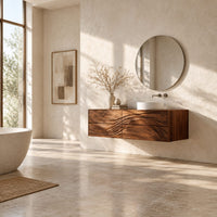 Floating bathroom vanity with wave carved drawer fronts in a bright open plan bathroom