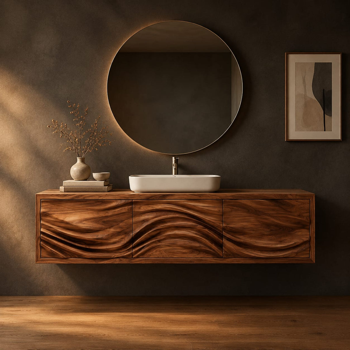 Floating bathroom vanity with three carved wave fronts in a dark studio against a charcoal plaster wall