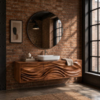 Floating bathroom vanity with three carved wave fronts in an industrial loft bathroom with exposed brick