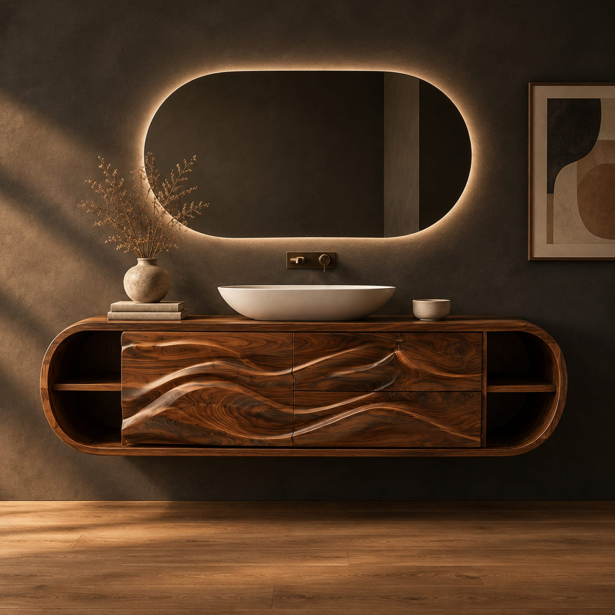 Floating bathroom vanity with wave carved fronts and open end shelves in a dark studio against a charcoal plaster wall