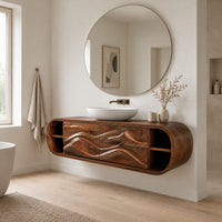 Floating bathroom vanity with wave carved fronts and open end shelves in a Scandinavian bathroom with white walls