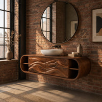Floating bathroom vanity with wave carved fronts and open end shelves in an industrial loft bathroom with exposed brick