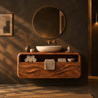 Floating vanity cabinet with carved wave fronts and an open top niche in a dark bathroom at golden hour