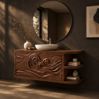 Floating cabinet with carved swirling wave front and open side shelves, three-quarter view showing the grain