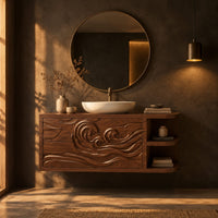 Floating cabinet with carved swirling wave front and open side shelves in a dark bathroom at golden hour