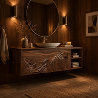 Low wooden vanity cabinet with curling wave carving and open shelves in an evening bathroom with walnut wall paneling