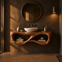 Floating wooden vanity shelf with a figure eight shaped open center in a dark bathroom at golden hour