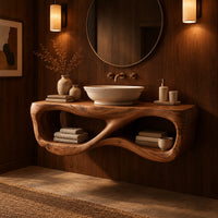 Floating wooden vanity shelf with a figure eight shaped open center in an evening bathroom with walnut wall paneling