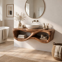 Floating wooden vanity shelf with a figure eight shaped open center in a Scandinavian bathroom with white walls