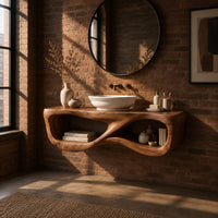 Floating wooden vanity shelf with a figure eight shaped open center in an industrial loft bathroom with exposed brick