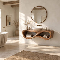 Floating wooden vanity shelf with a figure eight shaped open center in a bright open plan bathroom
