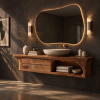Floating wooden vanity cabinet with flared ends and an open shelf, three-quarter view showing the grain