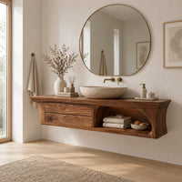 Floating wooden vanity cabinet with flared ends and an open shelf in a Scandinavian bathroom with white walls