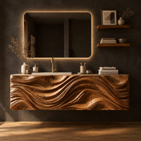Floating wooden vanity cabinet with a deep wave relief carved across the front in a dark studio against a charcoal plaster wall