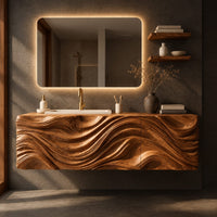 Corner detail of floating wooden vanity cabinet with a deep wave relief carved across the front beside wood, brass and linen samples
