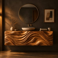 Floating wooden vanity cabinet with a deep wave relief carved across the front in a dark bathroom at golden hour