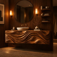 Floating wooden vanity cabinet with a deep wave relief carved across the front in an evening bathroom with walnut wall paneling