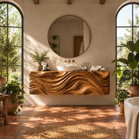 Floating wooden vanity cabinet with a deep wave relief carved across the front in a bright bathroom with arched windows and plants