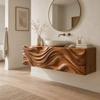 Floating wooden vanity cabinet with a deep wave relief carved across the front in a Scandinavian bathroom with white walls