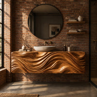 Floating wooden vanity cabinet with a deep wave relief carved across the front in an industrial loft bathroom with exposed brick