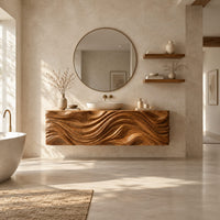 Floating wooden vanity cabinet with a deep wave relief carved across the front in a bright open plan bathroom