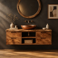Floating vanity with four drawers and an open center shelf bay in a dark studio against a charcoal plaster wall