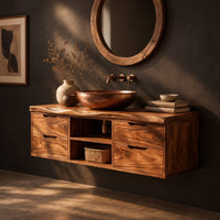 Floating vanity with four drawers and an open center shelf bay, three-quarter view showing the grain