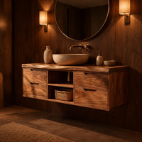 Floating vanity with four drawers and an open center shelf bay in an evening bathroom with walnut wall paneling