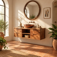 Floating vanity with four drawers and an open center shelf bay in a bright bathroom with arched windows and plants