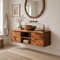 Floating vanity with four drawers and an open center shelf bay in a Scandinavian bathroom with white walls