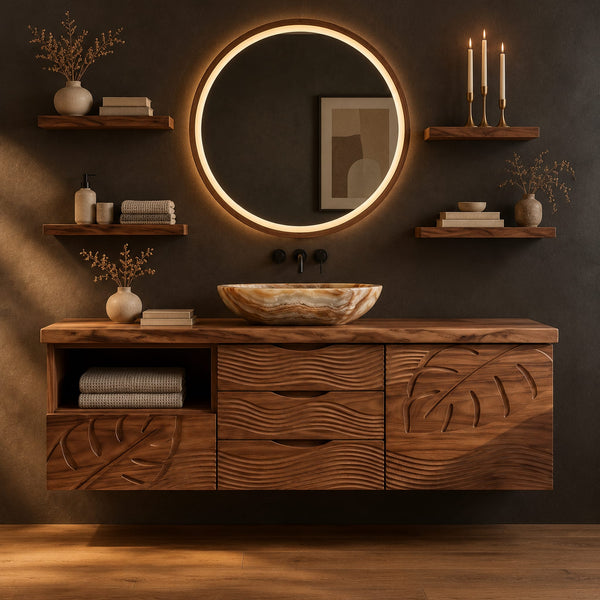 Floating Bathroom Vanity With Leaf And Wave Carved Fronts