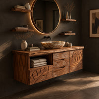 Floating wooden vanity cabinet with leaf and wave carved fronts and an open niche, three-quarter view showing the grain