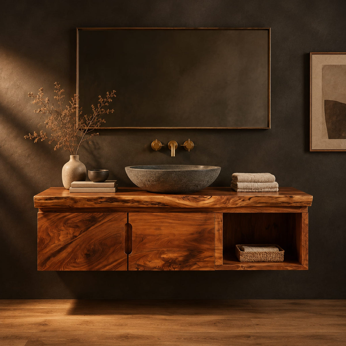 Floating wooden vanity cabinet with a live edge top and open side niche in a dark studio against a charcoal plaster wall