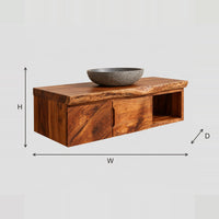 Floating Bathroom Vanity With Live Edge Top And Side Niche dimension diagram with width, height and depth