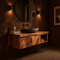 Floating wooden vanity cabinet with a live edge top and open side niche in an evening bathroom with walnut wall paneling