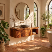 Floating wooden vanity cabinet with a live edge top and open side niche in a bright bathroom with arched windows and plants