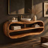 Corner detail of floating oval vanity cabinet with a looping rim and two open shelves beside wood, brass and linen samples
