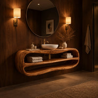 Floating oval vanity cabinet with a looping rim and two open shelves in an evening bathroom with walnut wall paneling