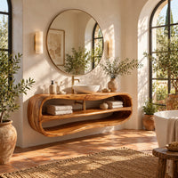 Floating oval vanity cabinet with a looping rim and two open shelves in a bright bathroom with arched windows and plants