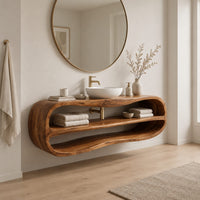 Floating oval vanity cabinet with a looping rim and two open shelves in a Scandinavian bathroom with white walls