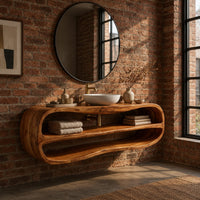 Floating oval vanity cabinet with a looping rim and two open shelves in an industrial loft bathroom with exposed brick