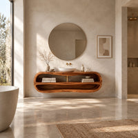 Floating oval vanity cabinet with a looping rim and two open shelves in a bright open plan bathroom
