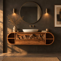 Pill shaped floating cabinet with carved mountain front and open end cubbies in a dark bathroom at golden hour