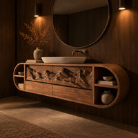 Pill shaped floating cabinet with carved mountain front and open end cubbies in an evening bathroom with walnut wall paneling