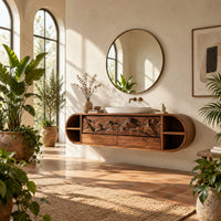 Pill shaped floating cabinet with carved mountain front and open end cubbies in a bright bathroom with arched windows and plants